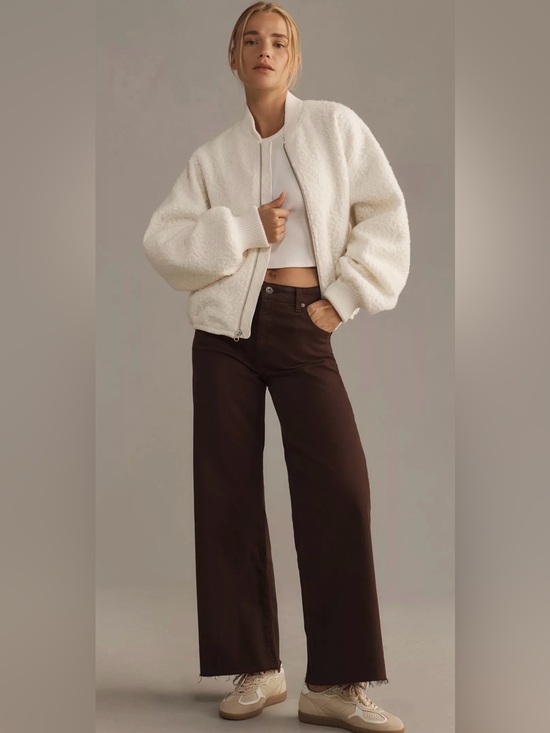 Anthropologie Jackets & Blazers - Anthropologie Womens Large Sherpa Jacket Cream Teddy Fleece Cropped Zip Coat